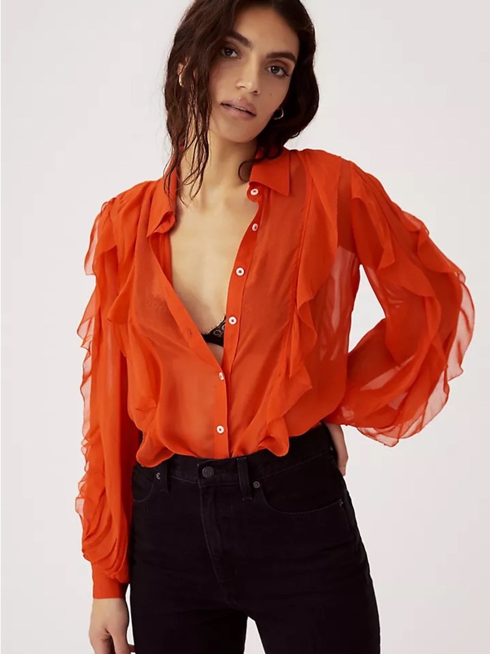 Anthropologie Long Sleeve Sheer Ruffled Button Down Blouse by Maeve - S